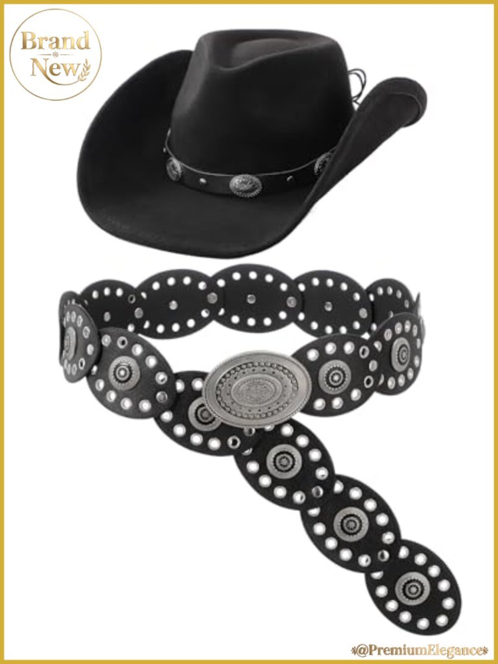 Suede Wide Brim Cowboy Hat Disc Belt Set 3 Pc Western Cowgirl Accessories